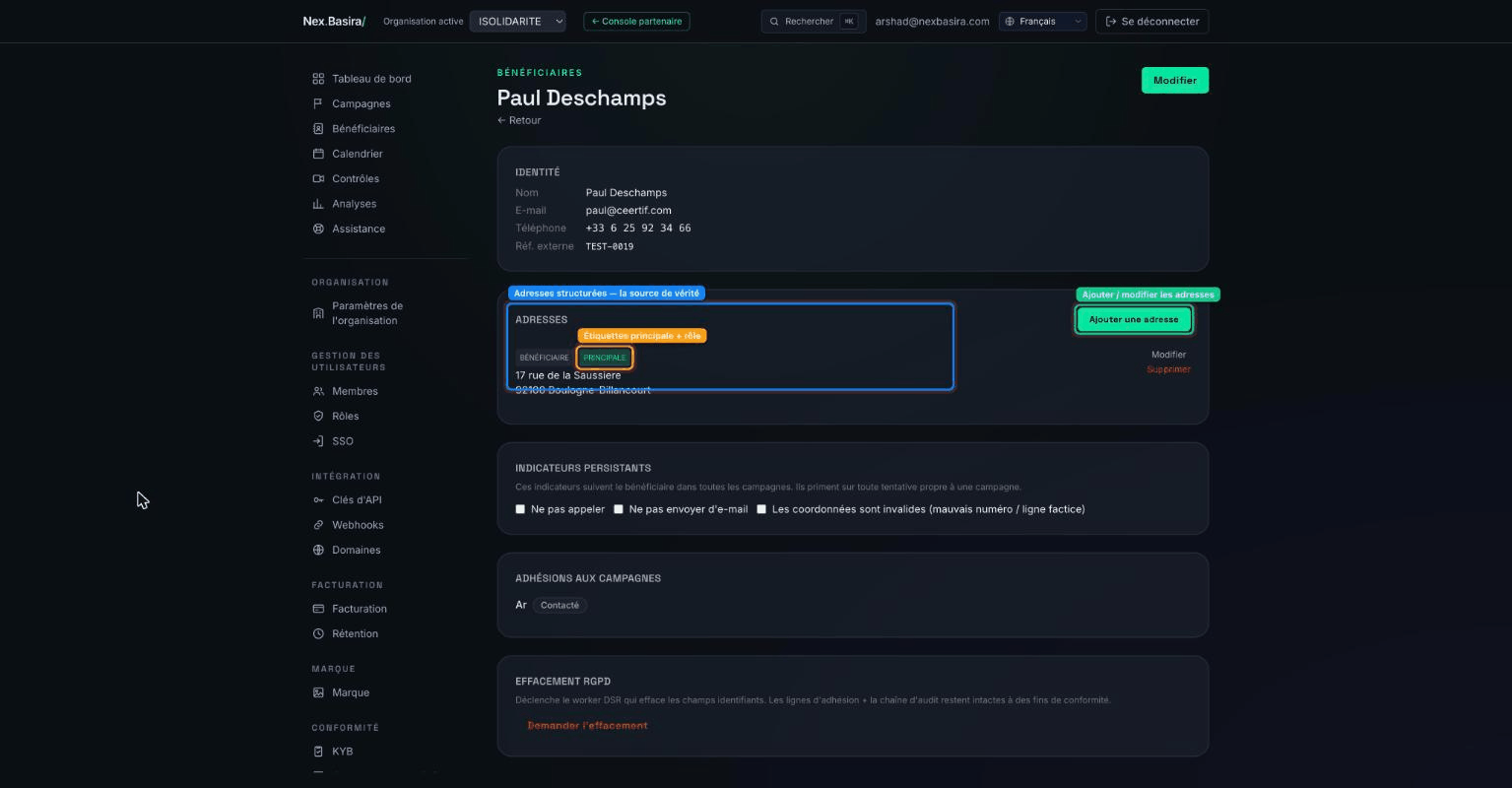 Le gestionnaire d'adresses structurées d'un contact — Add address, étiquettes principale/rôle, éditer et supprimer