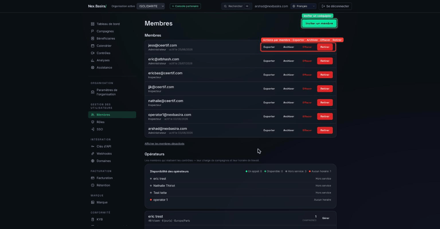 La page Membres — Inviter un membre, Export/Archive/Erase/Remove par membre et le rôle sous chaque nom