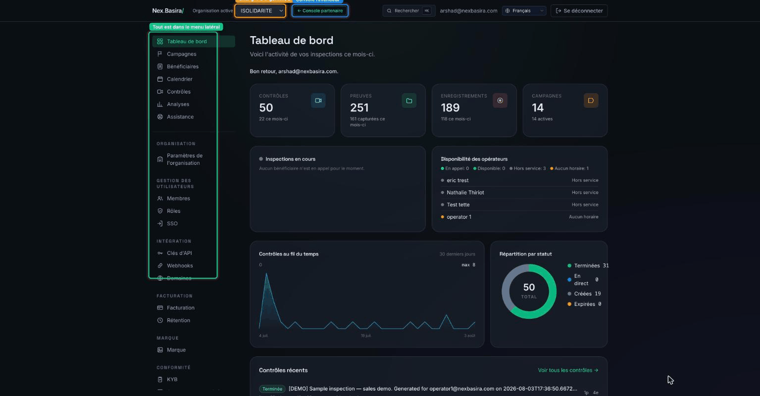 La navigation de l'organisation NexBasira — le sélecteur d'organisation actif et les groupes du menu latéral