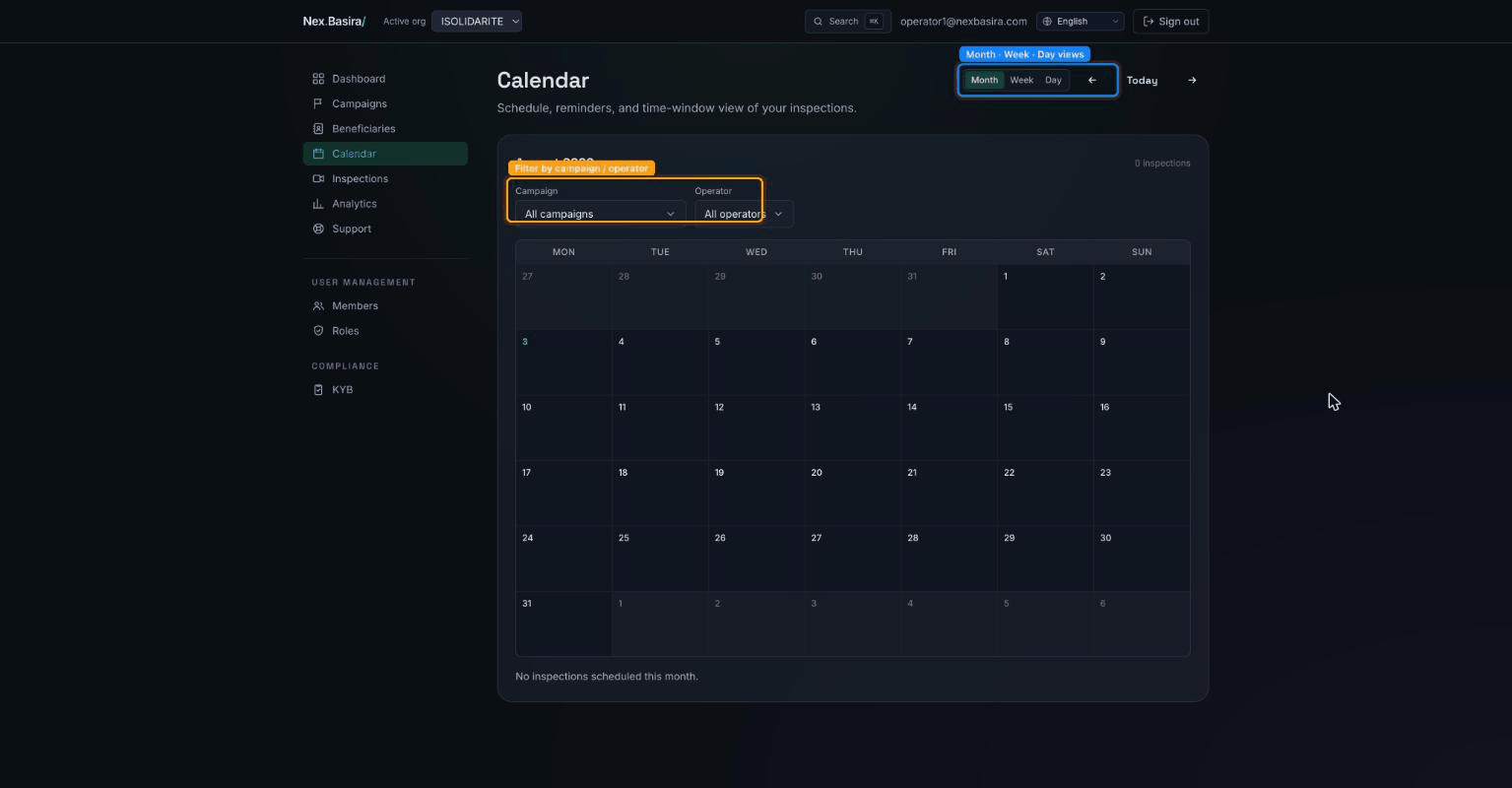 The operator calendar — Month/Week/Day views and the campaign/operator filters