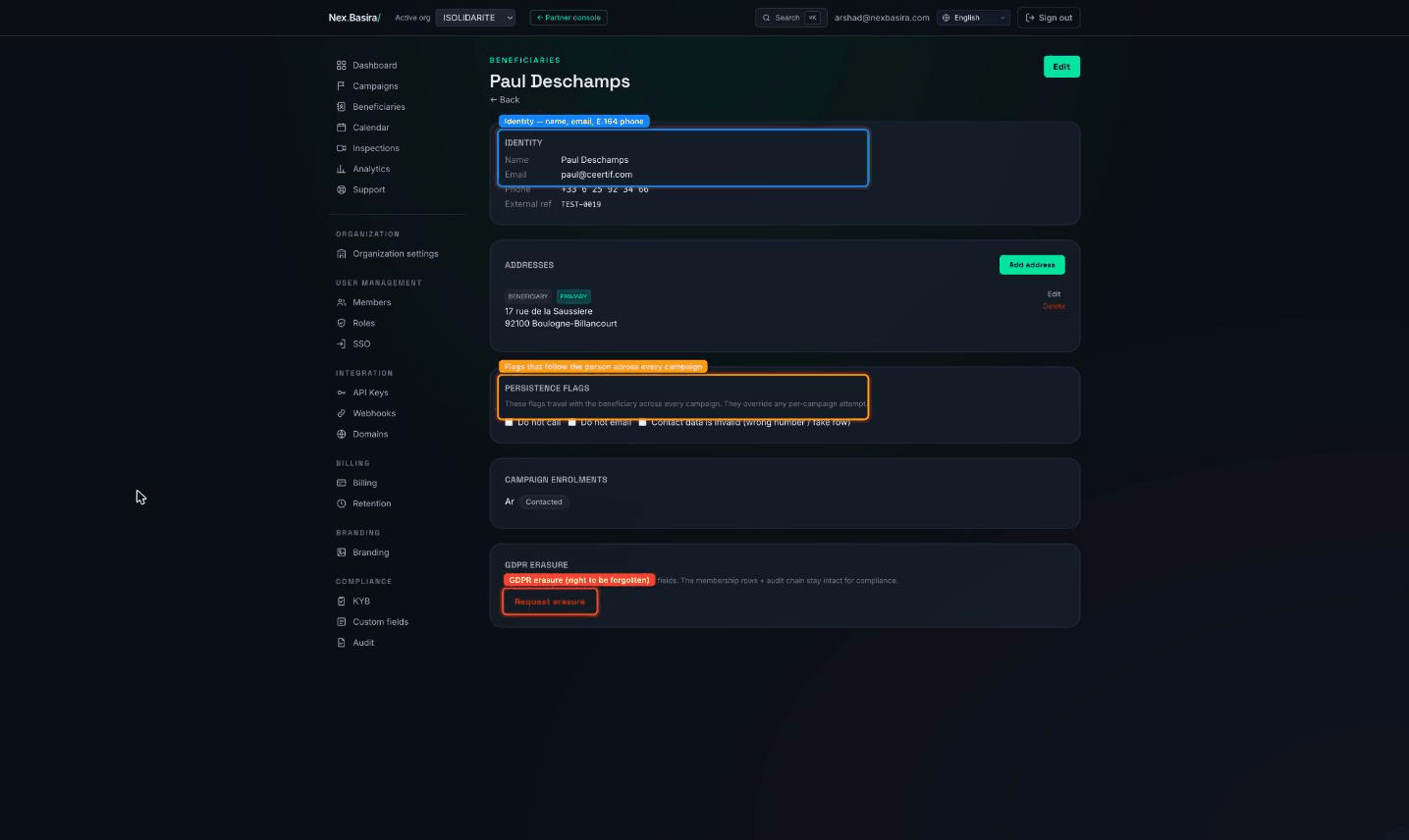A contact's detail — identity, persistence flags, and GDPR erasure