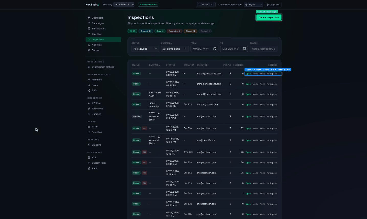 The Inspections list — status lifecycle chips and per-row Open / Media / Audit / Participants actions